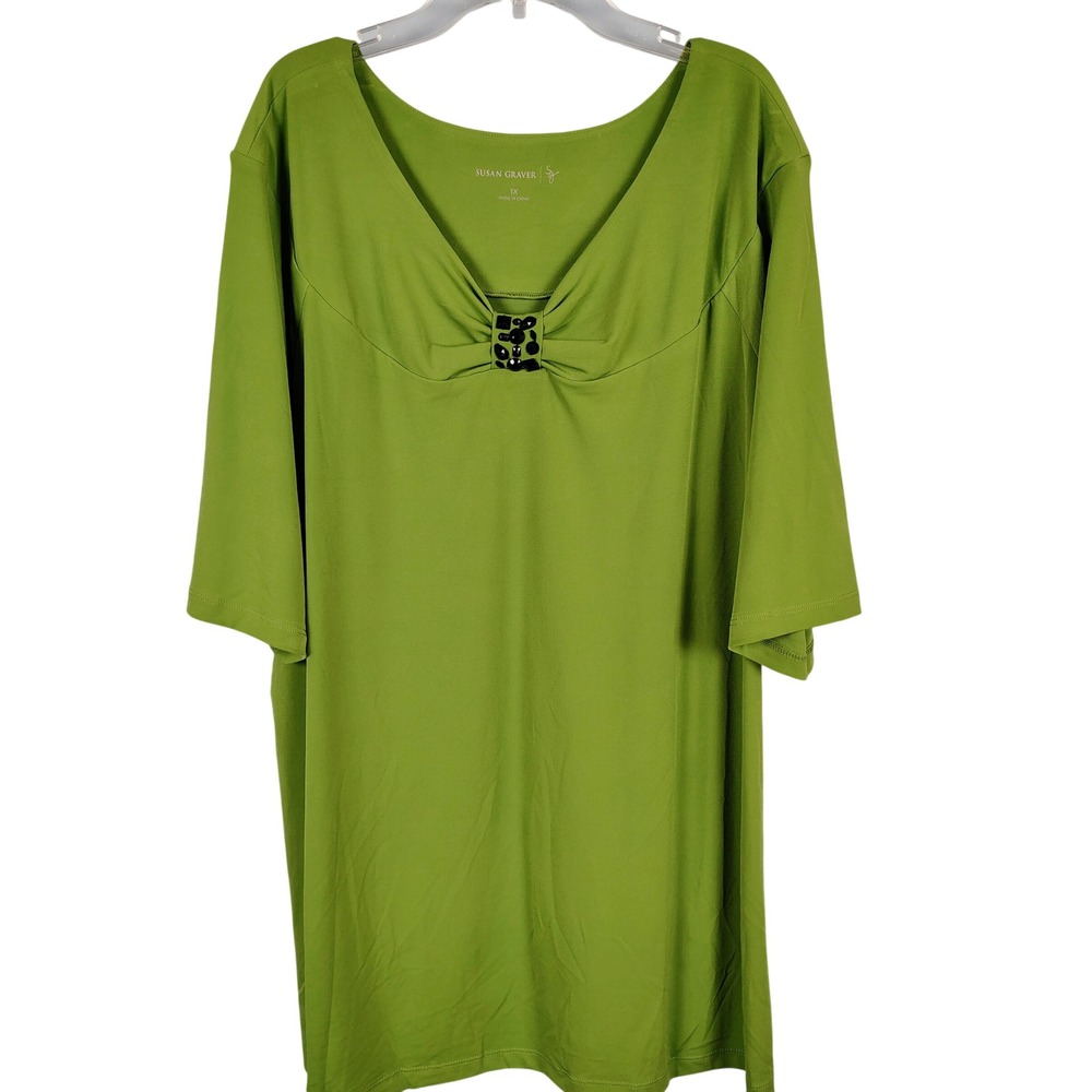 Susan Graver Womens 1X V-Neck Embellished Top Green Stretch Y2K Officecore